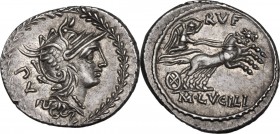 M. Lucilius Rufus. AR Denarius, 101 BC. Obv. Helmeted head of Roma right; behind, PV; all within wreath. Rev. Victory in biga right; above, RVF; in ex...