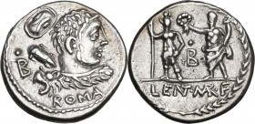 Pub. Lentulus Marceli f. AR Denarius, 100 BC. Obv. Bust of Hercules right, seen from behind, with lion's skin over shoulder and club over far shoulder...