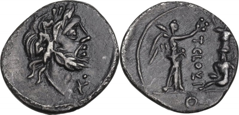 T. Cloelius. AR Quinarius, 98 BC. Obv. Head of Jupiter right; before neck, X and...