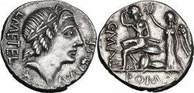 C. Poblicius Malleolus, A. Postumius Sp. f. Albinus and L. Metellus. AR Denarius, 96 BC. Obv. L. METEL - A. ALB. S.F. Laureate head of Apollo right; b...