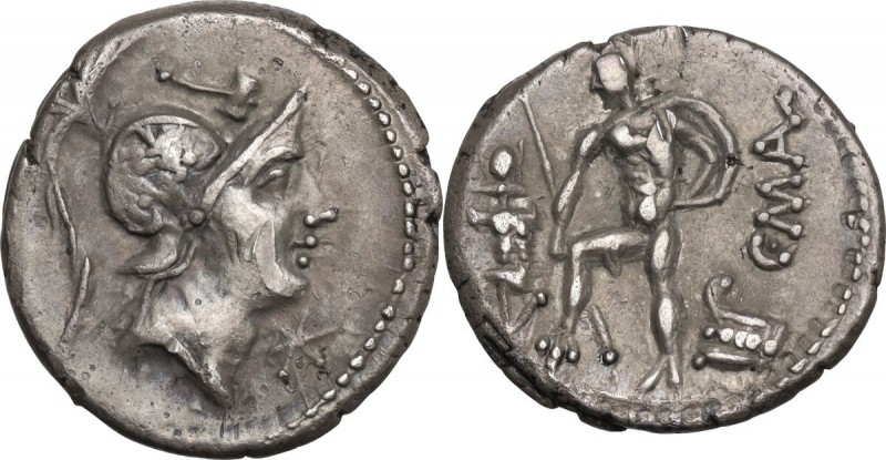 C. Poblicius Malleolus, A. Postumius Sp. f. Albinus and L. Metellus. AR Denarius...