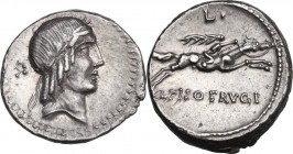 L. Calpurnius Piso Frugi. AR Denarius, 90 BC. Obv. Laureate head of Apollo right; behind, S and two dots vertically set. Rev. Horseman galloping right...