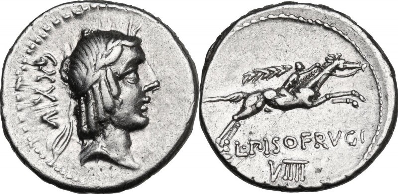 L. Calpurnius Piso Frugi. AR Denarius, 90 BC. Obv. Laureate head of Apollo right...