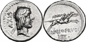 L. Calpurnius Piso Frugi. AR Denarius, 90 BC. Obv. Laureate head of Apollo right; behind, CXXIV. Rev. Horseman galloping right, holding palm; below, L...