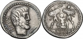 L. Titurius L. f. Sabinus. AR Denarius, 89 BC. Obv. SABIN. Head of King Tatius right; below chin, palm. Rev. Tarpeia stands facing between to soldiers...