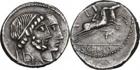C. Censorinus. AR Denarius, 88 BC. Obv. Jugate heads of Numa Pompilius and Ancus Marcius. Rev. Desultor right, wearing conical cap and holding whip; b...