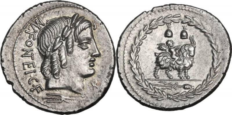 Mn. Fonteius C. f. AR Denarius, 85 BC. Obv. Laureate head of Vejovis right, MN. ...