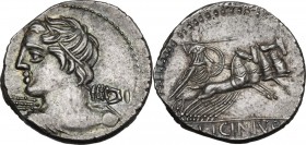 C. Licinius L.f. Macer. AR Denarius, 84 BC. Obv. Diademed and draped bust of Vejovis left, turned from spectator, hurling thunderbolt. Rev. Minerva in...