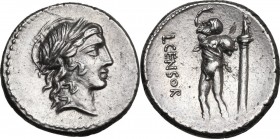 L. Censorinus. AR Denarius, 82 BC. Obv. Laureate head of Apollo right. Rev. L. Censor. Marsyas standing left with right arm raised and holding wine-sk...