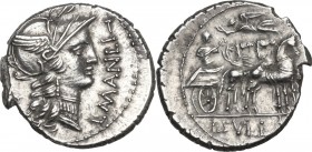 L. Manlius Torquatus. AR Denarius, 82 BC. Obv. L. MANLI -I PRO. Q. Helmeted head of Roma right. Rev. Sulla in walking quadriga right, crowned by Victo...
