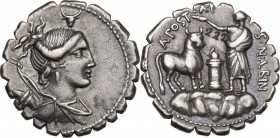 A. Postumius A.f. Sp. n. Albinus. AR Denarius serratus, 81 BC. Obv. Draped bust of Diana right, with bow and quiver over shoulder; above head, bucrani...