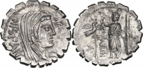 A. Postumius A.f. Sp. n. Albinus. AR Denarius serratus, 81 BC. . Obv. HISPAN. Veiled head of Hispania right with dishevelled hair. Rev. A. [POST. A. F...