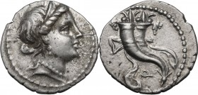 L. Sulla. AR Denarius, 81 BC. Obv. Diademed head of Venus right, wearing earring and necklace. Rev. Double cornucopiae tied with fillet; Q below. Cr. ...