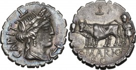 C. Marius C.f. Capito. AR Denarius serratus, 81 BC. Obv. CAPIT L . Draped bust of Ceres right, head bound with corn-wreath; before, branch. Rev. Ploug...
