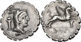 L. Papius. AR Denarius serratus, 79 BC. Obv. Head of Juno Sospita right, wearing goat's skin; behind, altar. Bead-and-reel border. Rev. Gryphon leapin...