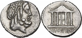 M. Volteius M.f. AR Denarius, 78 BC. Obv. Laureate head of Jupiter right. Rev. Temple of Jupiter Capitolinus; in exergue, M. VOLTEI. M. F. Cr. 385/1; ...