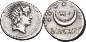 L. Lucretius Trio. AR Denarius, 76 BC. Obv. Radiate head of Sol right. Rev. TRIO within crescent moon and seven stars; below, L. LVCRETI. Cr. 390/1; B...