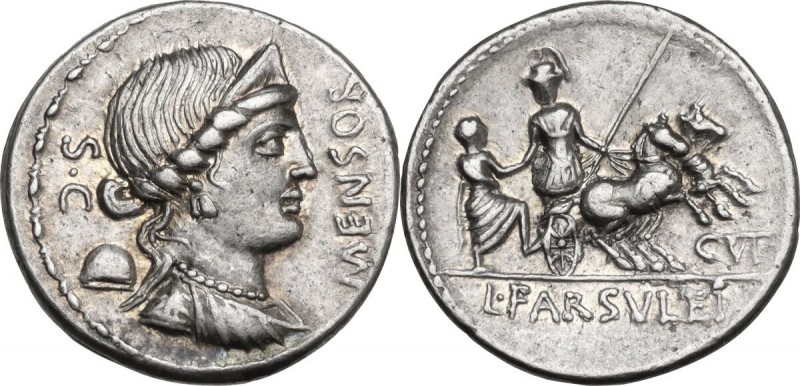 L. Farsuleius Mensor. AR Denarius, 75 BC. Obv. Diademed and draped bust of Liber...