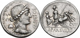 L. Farsuleius Mensor. AR Denarius, 75 BC. Obv. Diademed and draped bust of Liberty right; behind, S.C. and pileus; before, MENSOR. Rev. Warrior holdin...