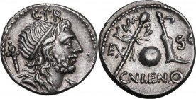 Cn. Lentulus. AR Denarius, 76-75 BC. Obv. Diademed and draped bust of the Genius of the Roman People right, sceptre on shoulder; above, G.P.R. Rev. EX...