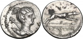 C. Postumius. AR Denarius, 74 BC. Obv. Bust of Diana right, wearing hair tied into knot; bow and quiver over shoulder. Rev. Hound running right; hunti...