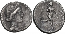 L. Plaetorius L.f. Cestianus. AR Denarius, 74 BC. Obv. MONETA. Diademed and draped bust of Juno Moneta right; below chin, SC. Rev. L. PLAETORI-L.F.Q.S...