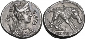 C. Hosidius C.f. Geta. AR Denarius, 68 BC. Obv. III VIR-GETA. Diademed and draped bust of Diana right, with bow and quiver over shoulder. Rev. Boar ri...