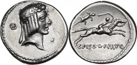 C. Piso L. f. Frugi. AR Denarius, 67 BC. Obv. Laureate head of Apollo right; behind,Θ. Rev. Horseman galloping right, holding whip; above, lizard; bel...
