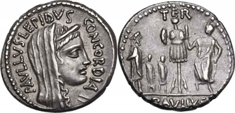 L. Aemilius Lepidus Paullus. AR Denarius, 62 BC. Obv. Veiled and diademed head o...