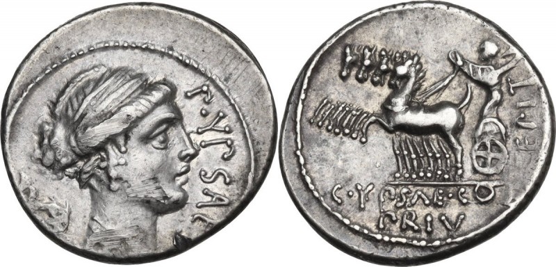 P. Plautius Hypsaeus. AR Denarius, 60 BC. Obv. Draped bust of Leuconoe right; be...