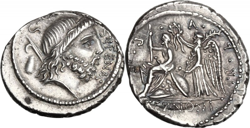 M. Nonius Sufenas. AR Denarius, 59 BC. Obv. Head of Saturn right; before, SVFENA...