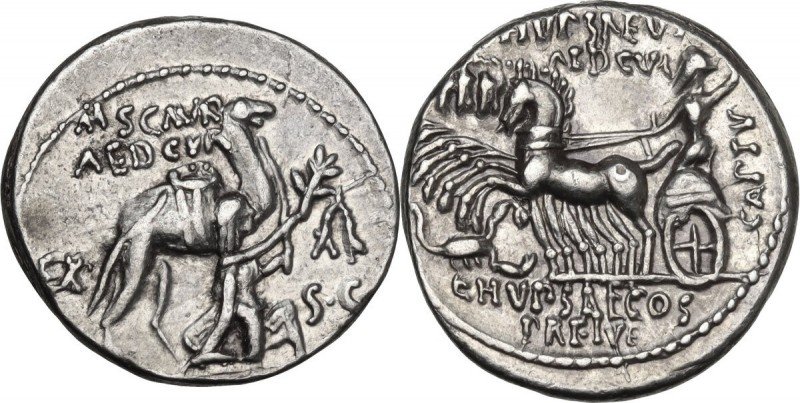 M. Aemilius Scaurus and Pub. Plautius Hypsaeus. AR Denarius, 58 BC. Obv. Camel r...