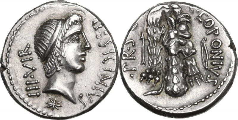 Q. Sicinius and C. Coponius. AR Denarius, 49 BC. Obv. Q. SICINIVS III VIR. Diade...