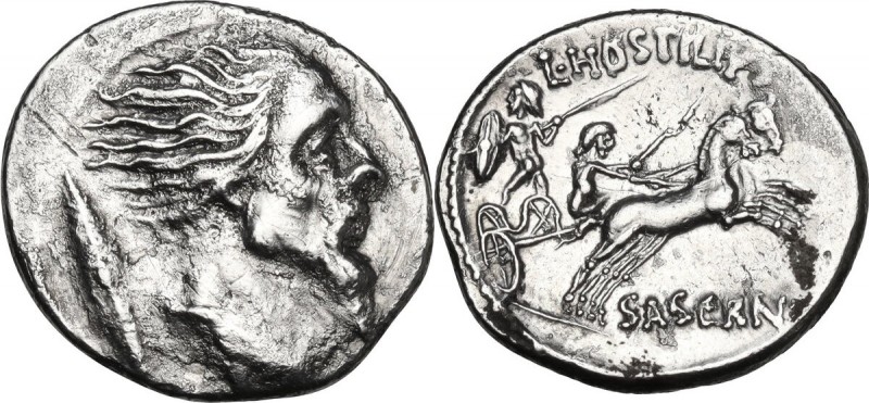 L. Hostilius Saserna. AR Denarius, 48 BC. Obv. Bearded bust of Gallic enemy with...