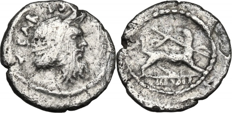 T. Carisius. AR Sestertius, 46 BC. Obv. Mask of bearded Pan right; behind, T CAR...