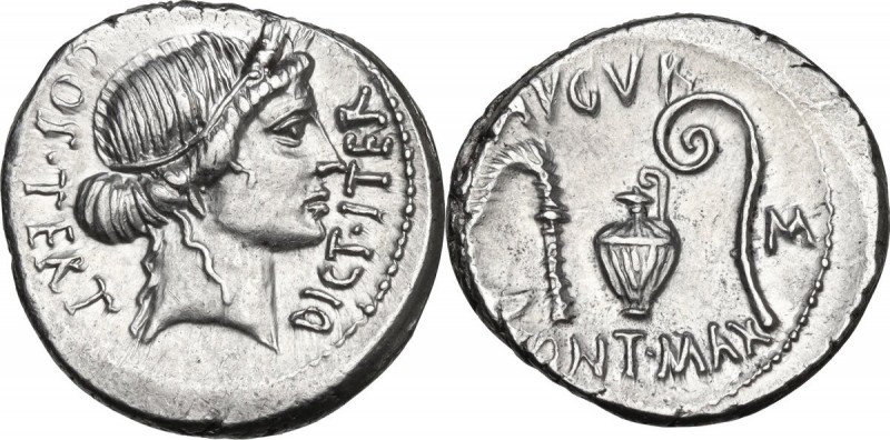 Julius Caesar. AR Denarius, 46 BC. Sicily (?). Obv. COS. TERT - DICT. ITER. Head...