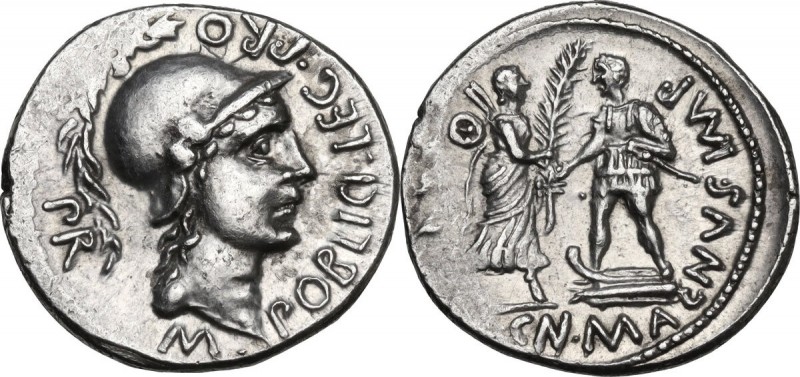 Pompey the Great. AR Denarius, Spain, 46-45 BC. Obv. M POBLICI LEG. Helmeted hea...