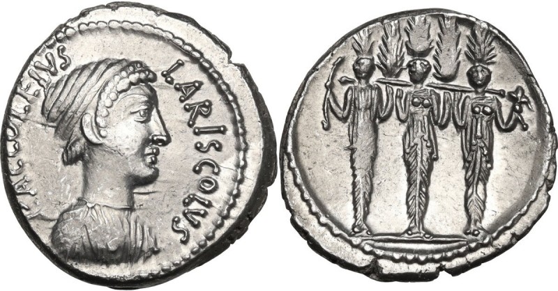 P. Accoleius Lariscolus. AR Denarius, 43 BC. Obv. P. ACCOLEIVS LARISCOLVS. Drape...