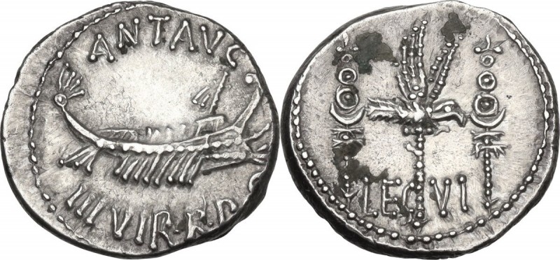 Mark Antony. AR Denarius, 32-31 BC. Obv. ANT. AVG III VIR. R. P. C. Praetorian g...