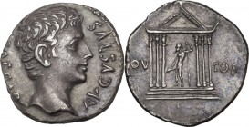 Augustus (27 BC-14 AD). AR Denarius. Uncertain Spanish mint (Colonia Patricia?) c. 19 BC. Obv. CAESAR AVGVSTVS, bare head right. Rev. Hexastyle temple...