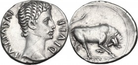 Augustus (27 BC-14 AD). AR Denarius, Lugdunum mint, 15 BC. Obv. AVGVSTVS DIVI F. Bare head right. Rev. Bull butting right; in exergue, [I]MP•X. RIC I ...