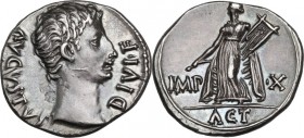 Augustus (27 BC-14 AD). AR Denarius, 15-13 BC. Lugdunum mint. Obv. AVGVSTVS DIVI F. Bare head right. Rev. IMP-X to left and right of Apollo Citharoedu...