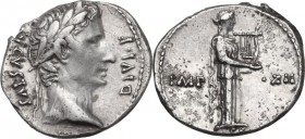 Augustus (27 BC-14 AD). AR Denarius, Lugdunum mint, 11-10 BC. Obv. AVGVSTVS DIVI F. Laureate head right. Rev. Apollo Citharoedus standing left, holdin...