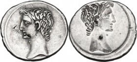 Augustus (27 BC-14 AD). AR Brockage Denarius. Obv. Bare head left. Rev. Incuse of obverse. Cf. RIC I (2nd ed.) 265b. AR. 3.47 g. 20.00 mm. R. Rare. Ap...
