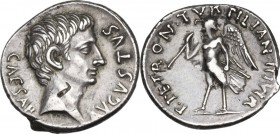 Augustus (27 BC - 14 AD) with P. Petronius Turpilianus. AR Denarius, Rome mint. Obv. CAESAR AVGVSTVS. Bare head right. Rev. P PETRON TVRPILIAN III VIR...