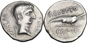 Augustus (27 BC-14 AD) . AR Denarius, contemporary Celtic imitation, Eastern Europe, uncertain tribe. Obv. CAESAR (S retrograde) COS VI. Bare head rig...