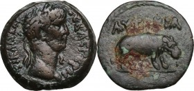 Claudius (41-54). AE Obol. Alexandria mint, Egypt. Dated RY 2 (41/2 AD). Obv. ΤΙ ΚΛΑΥ ΚΑΙ CΕΒΑC ΓΕΡΜ. Laureate bust right. Rev. ΑΥΤΟΚΡΑ. Hippopotamus ...