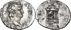 Nero (54-68). AR Denarius, Rome mint, struck c. 65-66 AD. Obv. NERO CAESAR AVGVSTVS. Laureate head right. Rev. VESTA. Hexastyle temple faςade; within,...