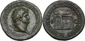 Nero (54-68). AE Sestertius, Rome mint, 67 AD. Obv. IMP NERO CLAVD CAESAR AVG GERM P M TR P XIII P P. Laureate head right. Rev. PACE P R TERRA MARIQ P...