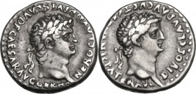 Nero with Divus Claudius (54-68). AR Didrachm, Caesarea-Eusebia mint, Cappadocia. Obv. NERO CLAVD DIVI CLAVD F CAESAR AVG GERMA. Laureate head of Nero...
